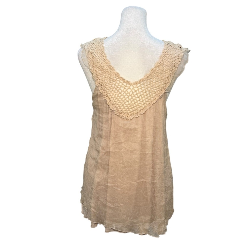 Vintage Y2K Boho Crochet Lace Babydoll Tank Top Women M Silk Beige Festival - Picture 6 of 13